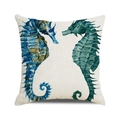 Close-up of square linen cushion cover with watercolor seahorse pattern on white background - Watercolor Seahorse Style 4 (4)