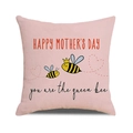 Λινή ροζ θήκη μαξιλαριού με κείμενο Happy Mother's Day και σχέδιο μέλισσας βασίλισσας - Ροζ Μέλισσα με Κορώνα (29) / 45x45 cm