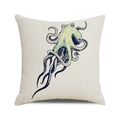 Quadratischer beige Leinenkissenbezug mit handgemalter Aquarell-Oktopus-Illustration - Hellgrün Gelber Oktopus (4)