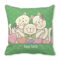 Green peach skin pillow case featuring cute cartoon happy family cats and hearts - 18x18 Inch / Green Cartoon Cat Family Style (31)