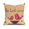 Linen Mother's Day pillow cover with 'the best mom' text and pink birds illustration - The Best Mom Dotted Heart (Style 31)