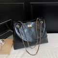 Retro black quilted tote bag with golden chain strap and buckle for daily commute - Black