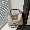 Grey canvas tote bag with brown leather accents and a retro baseball cartoon print - Gray