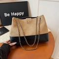 Vintage quilted chain tote bag in camel suede and black leather with gold clasp - Khaki