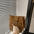 Retro tan suede shoulder bag with long fringe tassels and vintage buckle detail - Brown