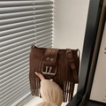 Brown suede tassel bucket bag with vintage metal buckle in natural sunlight - Brown