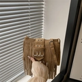 Retro camel suede shoulder bag with long tassels and wide decorative metal buckle strap - Khaki