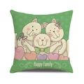 Linen cushion cover with green cat family illustration and Happy Family text - Grass Green Background Cartoon Cat Family (31)
