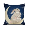 Linen cushion cover with rabbits on moon and Good Night text in dark blue star night - Rabbit Hugging Moon Style (32)