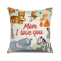 Linen Mother's Day cushion cover featuring colorful cartoon animals and Mom I love you text - Forest Animal Group Style (33)