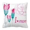 Square peach skin pillowcase with floral design and I Love Mom text for Mother's Day - 18x18 Inch / Pink and Cyan Floral Line Art Style (34)