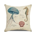 Close-up of vintage ocean life cushion cover showing linen texture and marine illustrations - Jellyfish Seahorse Illustration (3)