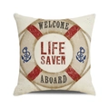 Detailed texture of linen nautical pillow cover featuring vintage lifebuoy and anchor print - Red White Lifebuoy Style (2)