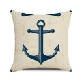 Close-up of nautical anchor cushion cover with vintage blue print on beige linen fabric - Simple Nautical Anchor Style (3)