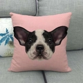 Detailed close-up of a linen French Bulldog pillow case on a grey sofa - Light Pink French Bulldog Portrait Style (7)