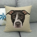 Detailed view of linen cushion cover featuring a realistic dog portrait on a sofa - Beige Realistic Pitbull Portrait Style (8)