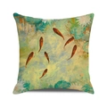 Detailed texture of linen cushion cover featuring oil painted koi fish and lotus - Oil Painting Red Koi Pond(10) / 18x18 Inch