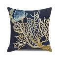 Detail of nautical cushion cover with watercolor blue fish and beige coral design - Coral and Striped Fish(16) / 18x18 Inch