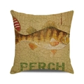 Close-up of linen cushion cover with vintage perch fish illustration and hook detail - Vintage Perch Fishing(17) / 18x18 Inch
