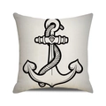 Detail van vierkante kussensloop met ankerprint, katoen-linnen textuur en nautisch design - Beige Moderne Zwarte Anker (Stijl 3)