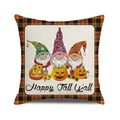 Detail of Happy Fall Y'all pillow cover featuring gnomes with pumpkins and sunflowers - Happy Fall Leopard Hat (6)