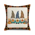 Detail view of gnome harvest pillow cover with leopard print hats and checkered border - Three Gnomes Sunflower (8)