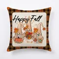 Detail of Happy Fall linen pillow case featuring three gnomes and orange plaid border - Gnome Coffee Cup (9)