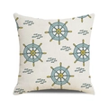 Close-up of square cushion cover showing flax texture and blue nautical helm pattern - Blue Helm And Fish Style (2)