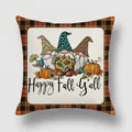 Macro detail of gnome sunflower pumpkin print on rustic Happy Fall Y'all pillowcase - Happy Fall Multiple Gnomes (11)