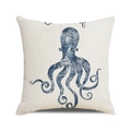 Nahaufnahme von Kissenhülle aus Leinen mit vintage blauem Oktopus-Aquarell-Druck - Vintage Dunkelblauer Oktopus (3) / 45x45 cm