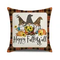 Detail of square fall cushion cover with gnomes, pumpkins and black orange plaid border - Happy Fall Leopard Dwarf (13)
