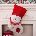 Red and white knitted Christmas stocking with plush snowman decoration by a fireplace - Snowman