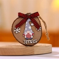 Detail showing rustic round wooden gnome ornament with Xmas text and red plaid bow - Female Style