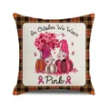 Close-up of October We Wear Pink gnome pumpkin throw pillow cover with check border - October Pink Pumpkin Gnome (18)