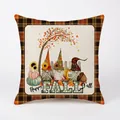 Detail of Happy Fall Y'all pumpkin gnome cushion cover with orange buffalo plaid borders - Happy Fall Four Gnomes (19)