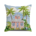 Dettaglio della stampa con casa tropicale su federa quadrata in misto lino decorativa - Capanna Rosa Illustrazione Tropicale (Stile 7)