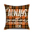 Macro shot of orange and black plaid pillow cover with white grateful quote typography - Always be Grateful Script Style / 45x45cm