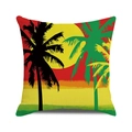 Dettaglio della stampa con palma e tramonto su fodera per cuscino in cotone e lino grezzo - Colori Reggae Palma al Tramonto (Stile 8)