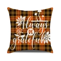 Close-up of orange plaid cushion cover with Always BE grateful text and floral details - Sunflower Grateful Style / 45x45cm