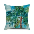 Dettaglio della trama in lino di una federa quadrata con stampa di palme ad acquerello - Palma Blu Lago Fresca Naturale (Stile 11)