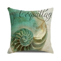Détail de la housse de coussin carrée avec motif nautile vintage et texte Coquillag - 45x45 cm / Style Nautile Vintage Sarcelle (7)