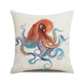 Dettaglio della trama in lino della federa con stampa ad acquerello di polpo marino - Polpo Intrecciato Blu e Arancione (19) / 45*45cm