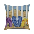 Close-up of summer flip flops watercolor print on linen texture square cushion cover - Three Pairs Colored Slippers (19)