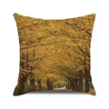 Detail of square pillowcase with autumn forest path print and warm yellow ginkgo leaves - Golden Ginkgo Tree Avenue (11) / 18x18 Inch