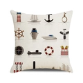 Detail view of cotton linen cushion cover with 16 nautical icons like anchor and sailboat - Beige Multi-Icon Nautical Design (2) / 18x18 Inch