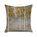 Close-up of square cushion cover with autumn forest oil painting print on linen - Artistic Birch Forest (29) / 18x18 Inch