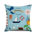 Detail of nautical cushion cover with whale, lighthouse and sailboat on cotton-linen fabric - Light Blue Ocean Adventure Theme (7) / 18x18 Inch