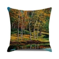 Detailed texture of autumn forest oil painting print on linen decorative pillowcase - Autumn Scene by Forest Water (34) / 18x18 Inch