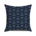 Close-up of navy nautical cushion cover with white anchor and lifebuoy print pattern - Navy Blue Anchor Lifebuoy / 18x18 Inch