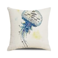 Detailed view of square cushion cover showing cotton linen texture and watercolor jellyfish - Blue and Yellow Jellyfish Style (2)